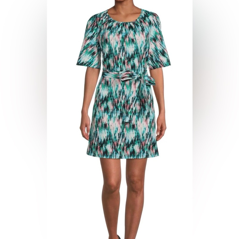 The Pioneer Woman Teal, Pink & Black Printed Midi Dress with Tie Waist